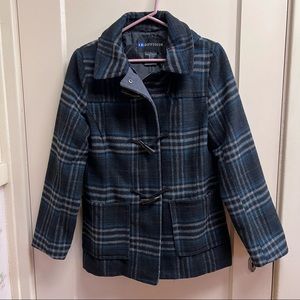 IB Diffusion Womens Zipper coat with hood gray blue plaid faux horn buttons S